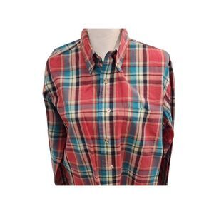 Vintage 80s Ralph Lauren Chaps Red Green Blue Plaid Button Up Shirt L